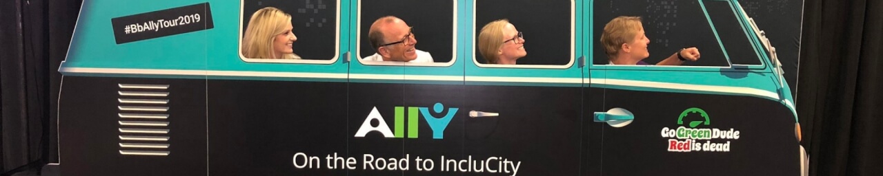Pictured left to right: Andrea Linn, Blackboard Account Executive, Vince St. Germain, Colleen Cameron, Katie Clark at the 2019 BbWorld Conference in Austin, Texas - taking a ride in the Blackboard Ally "On the Road to IncluCity" VW Bus